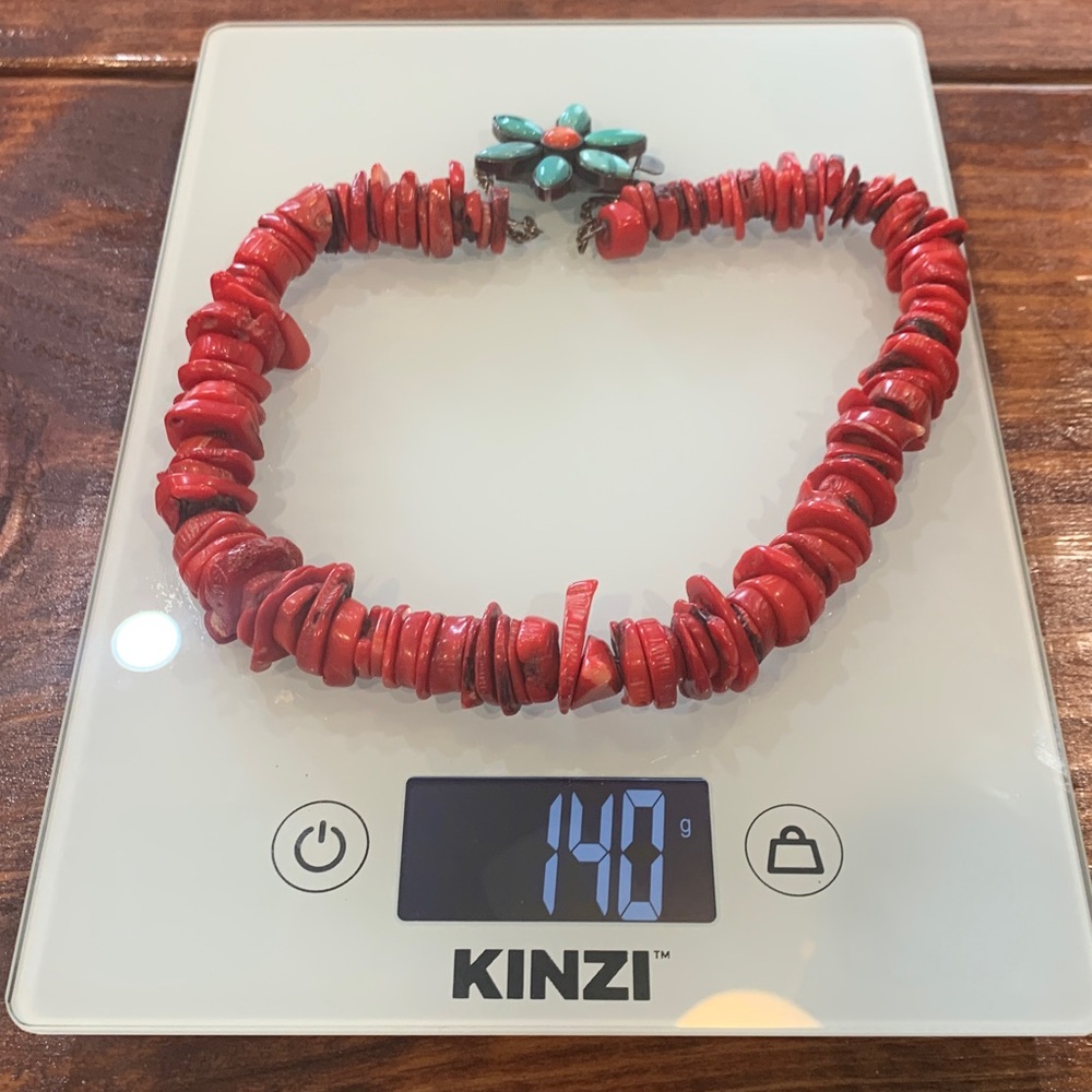 Red Coral with Turquoise Clasp Navajo Necklace - Picture 3 of 17
